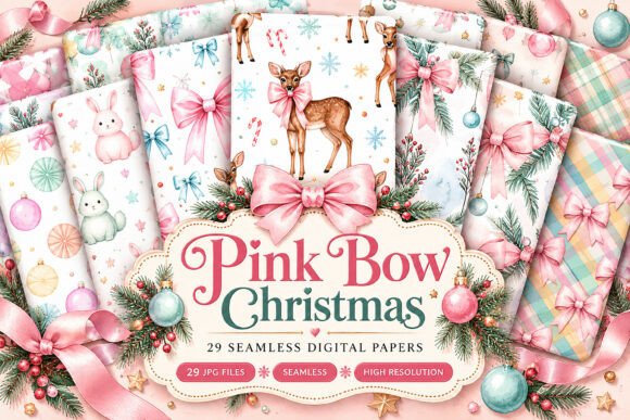 Pink Bow Christmas Seamless Digital