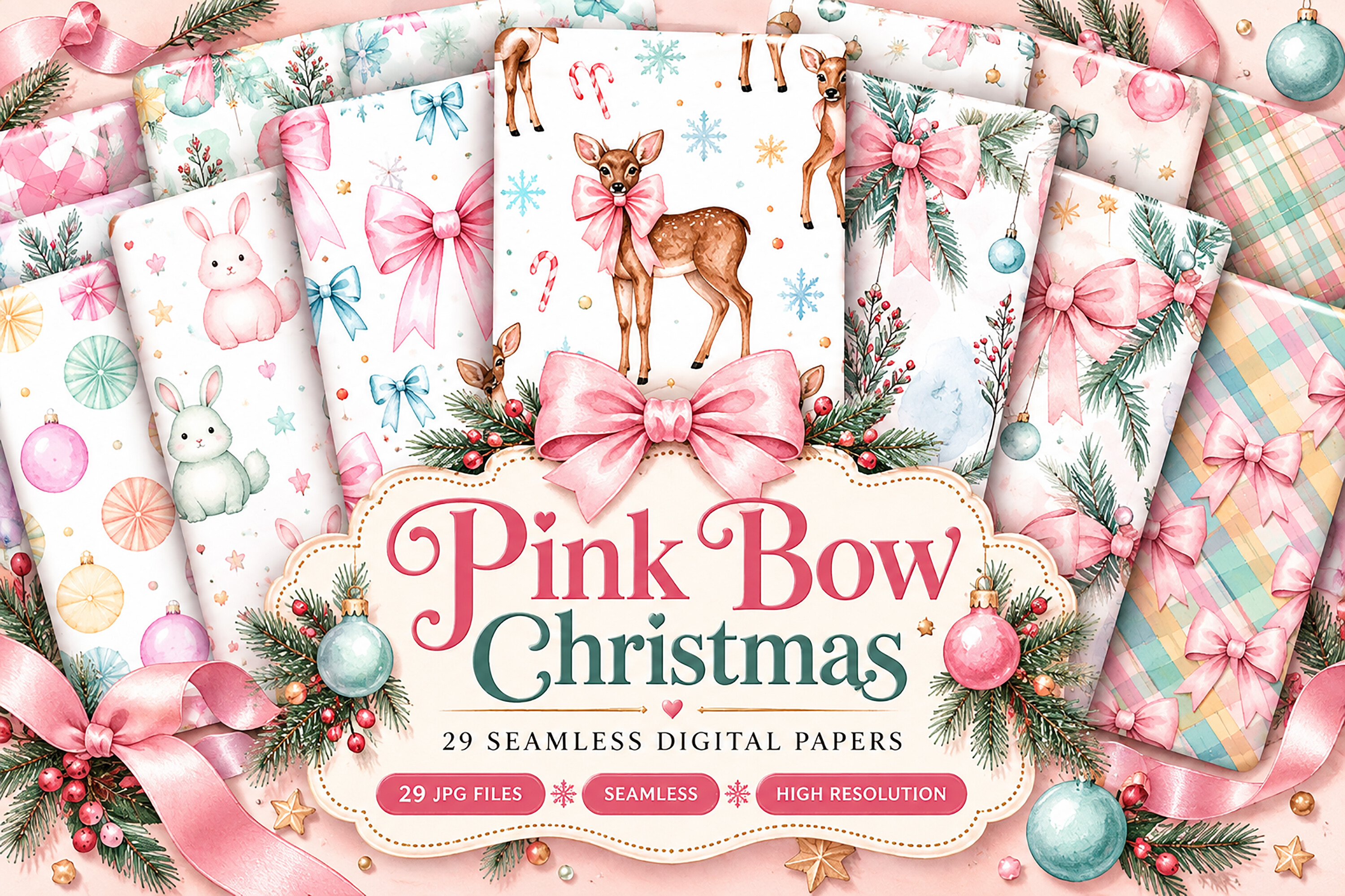 Pink Bow Christmas Seamless Digital