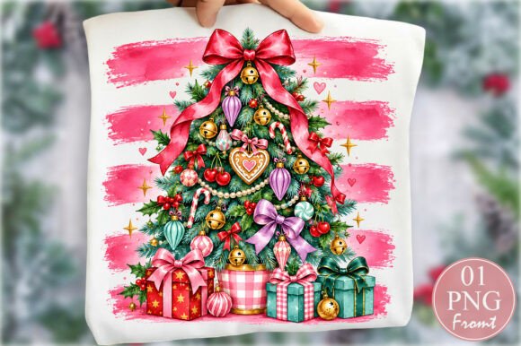 Pink Christmas Tree Coquette Bow PNG