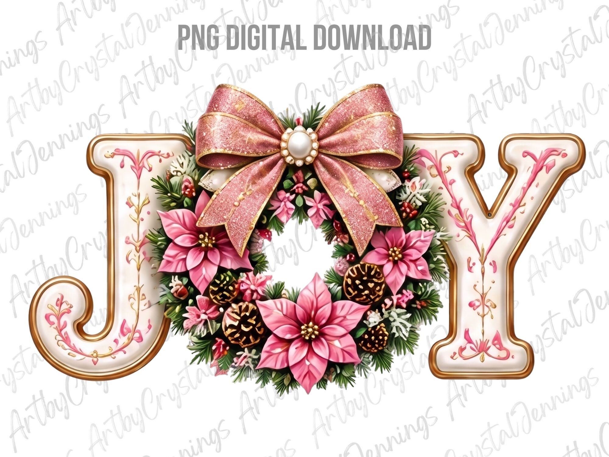Pink Holiday Christmas Joy Wreath PNG