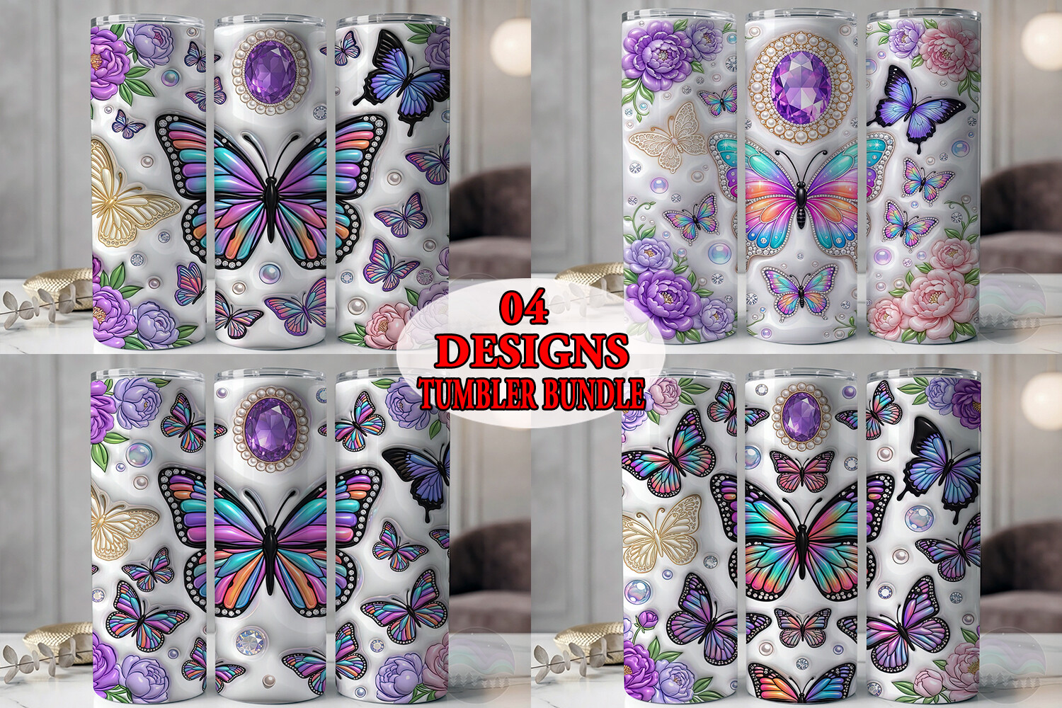 Puffy Jeweled Butterflies Tumbler Bundle