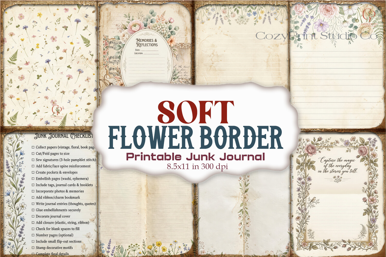 Soft Flower Border Junk Journal Paper