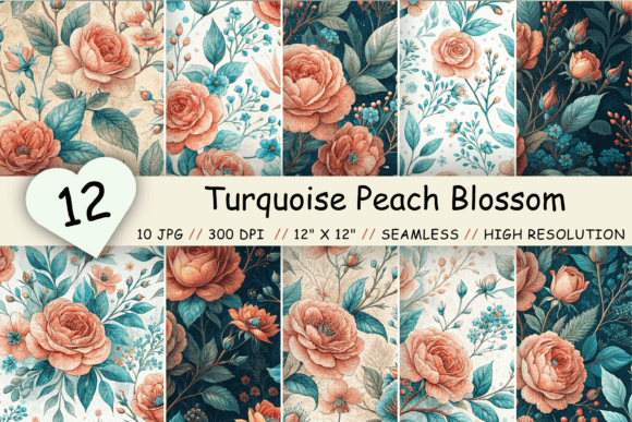 Turquoise Peach Blossom Digital Paper
