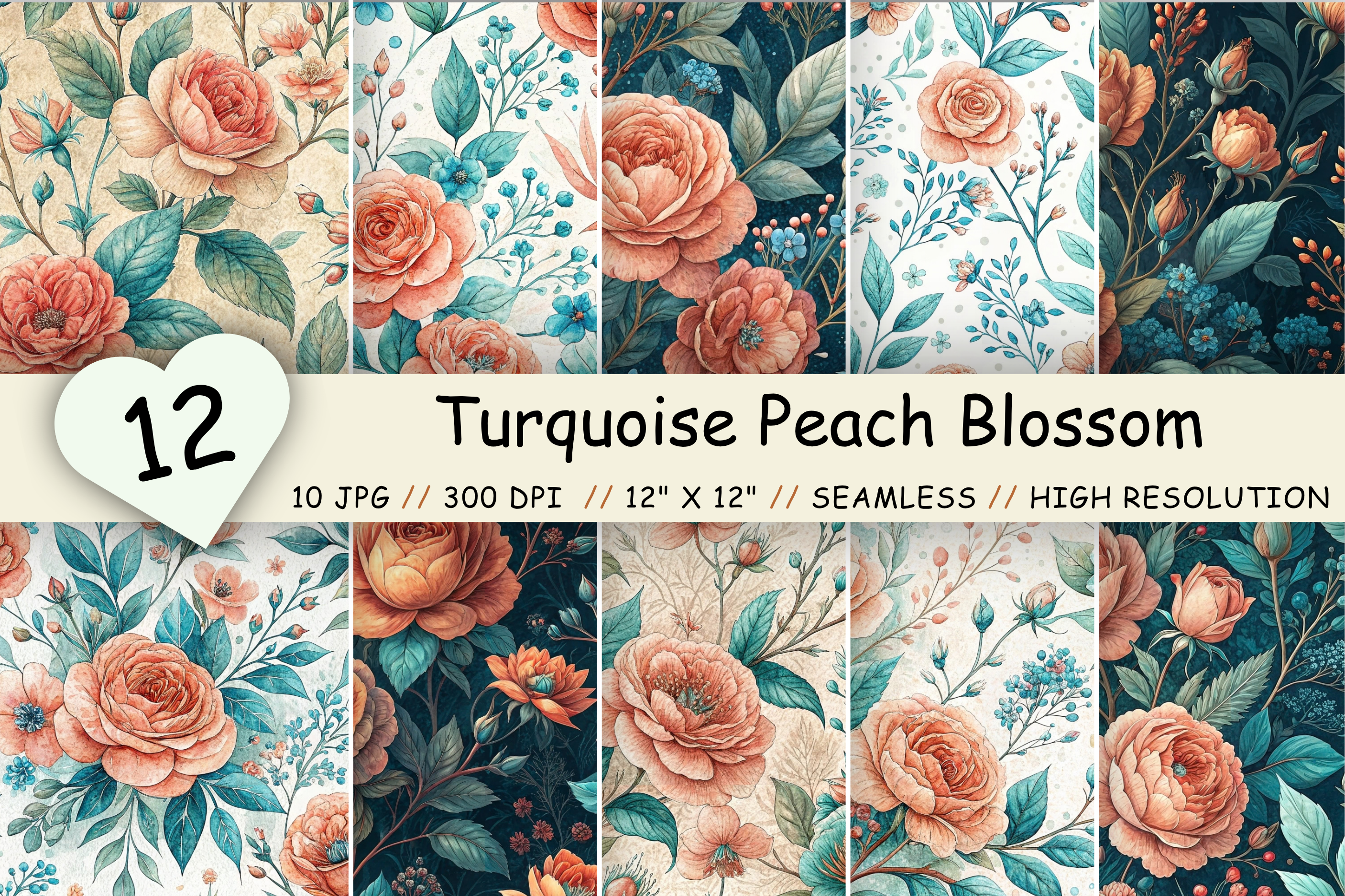 Turquoise Peach Blossom Digital Paper