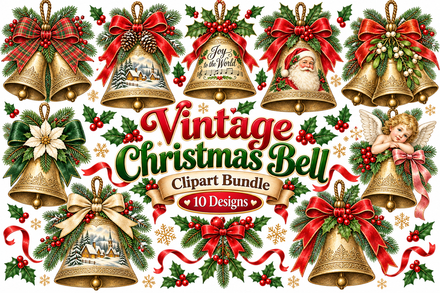 Vintage Christmas Bell Clipart Bundle