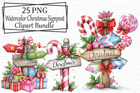 Watercolor Christmas Signpost PNG Bundle