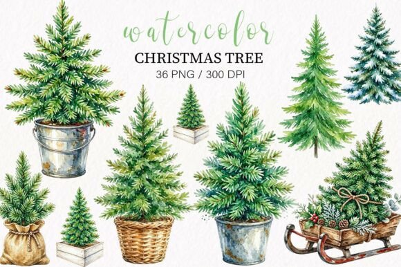 Watercolor Christmas Tree Clipart