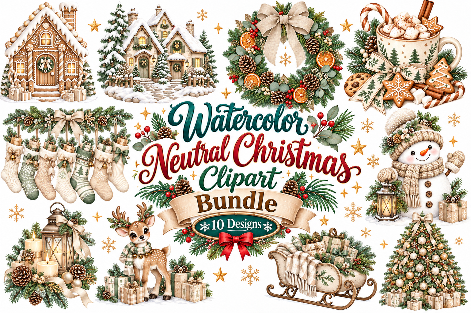 Watercolor Neutral Christmas Clipart