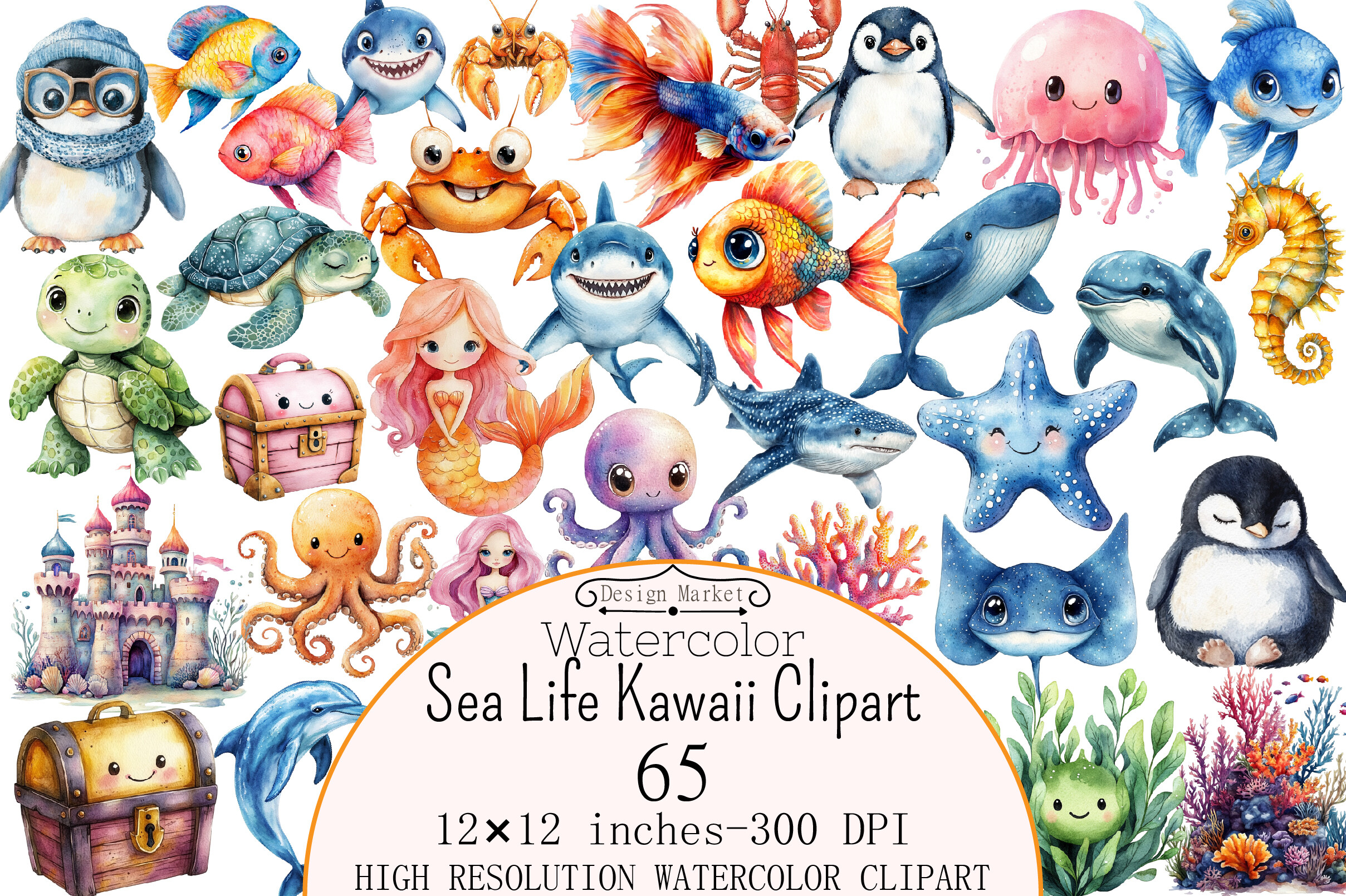 Watercolor Sea Life Kawaii Clipart