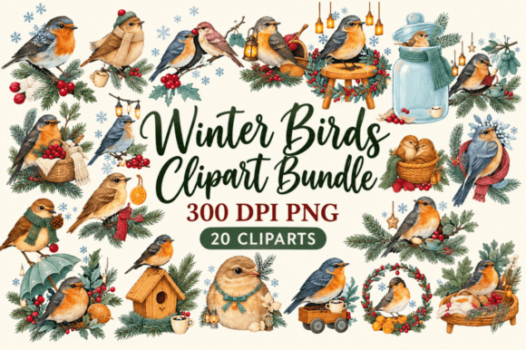 Winter Birds Clipart PNG Bundle, Winter