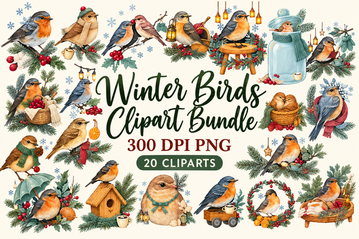 Winter Birds Clipart PNG Bundle, Winter