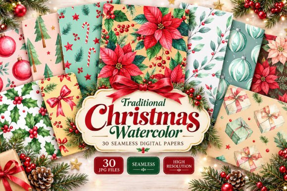 Raditional Christmas Watercolor Seamless