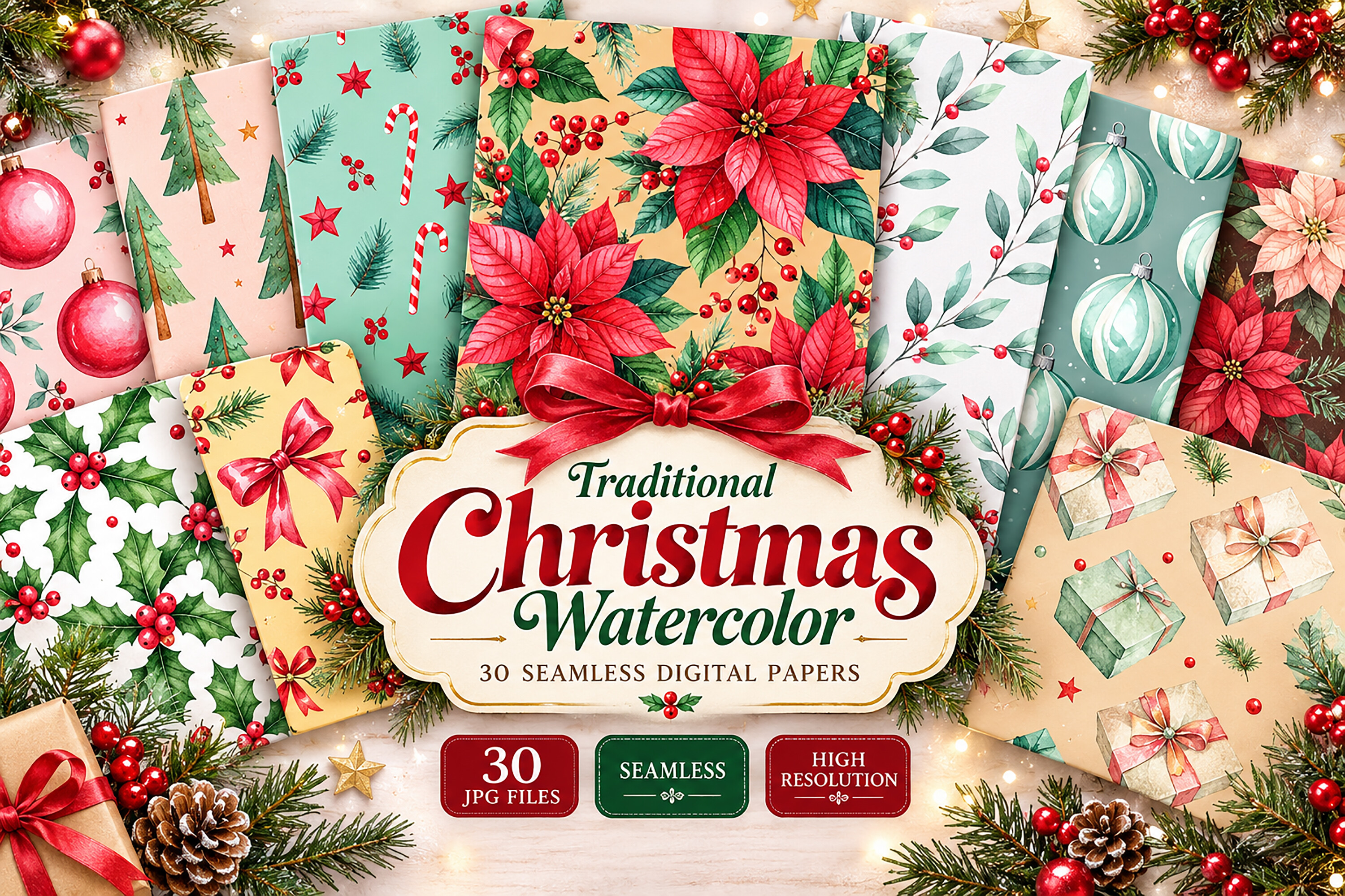 Raditional Christmas Watercolor Seamless