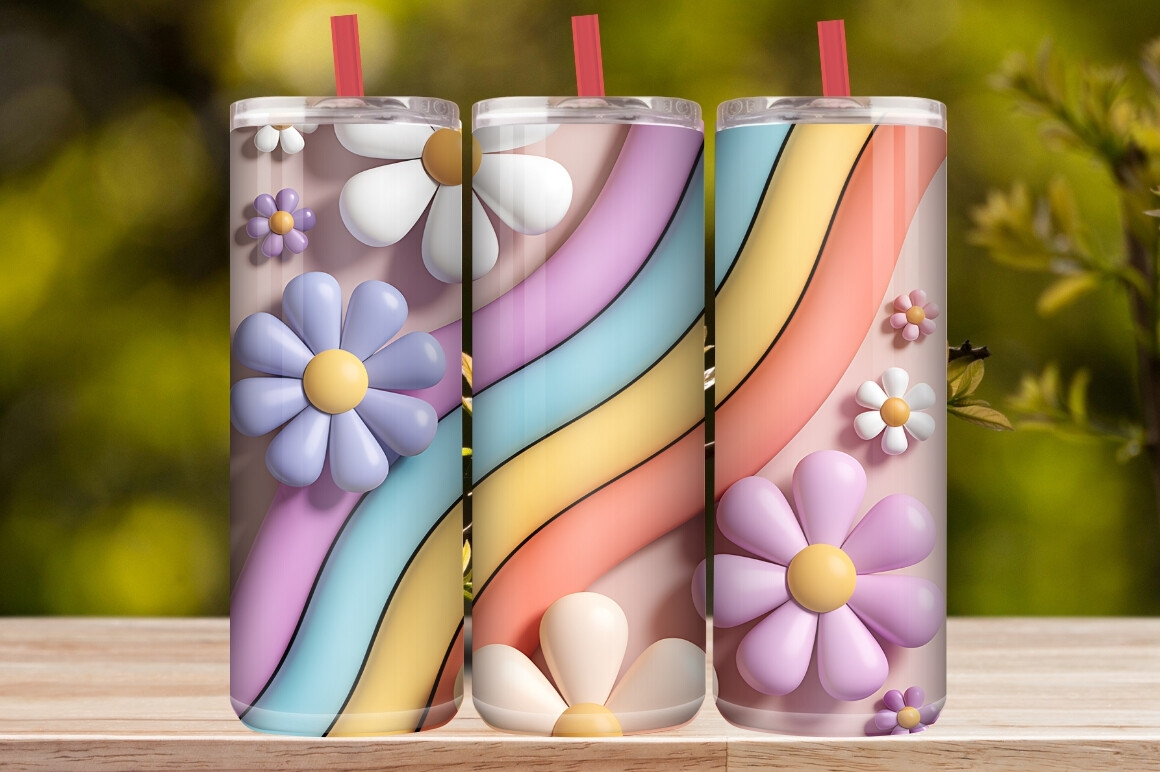 3D Pastel Daisy Flower & Rainbow Tumbler
