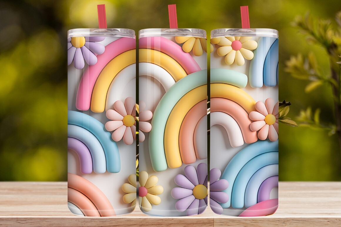 3D Pastel Daisy Flower & Rainbow Tumbler
