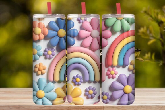 3D Pastel Daisy Flower & Rainbow Tumbler