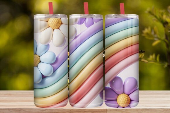 3D Pastel Daisy Flower & Rainbow Tumbler