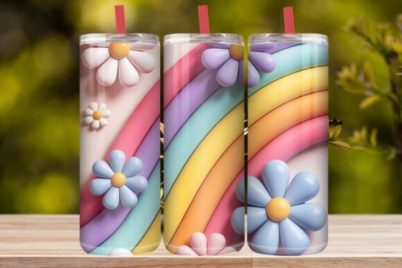 3D Pastel Daisy Flower & Rainbow Tumbler