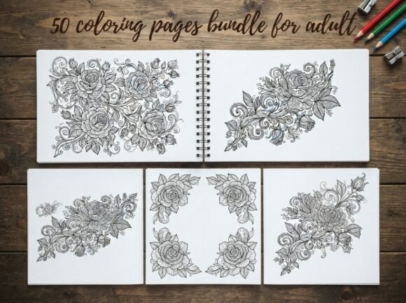 50 Floral Rose Coloring Pages Bundle