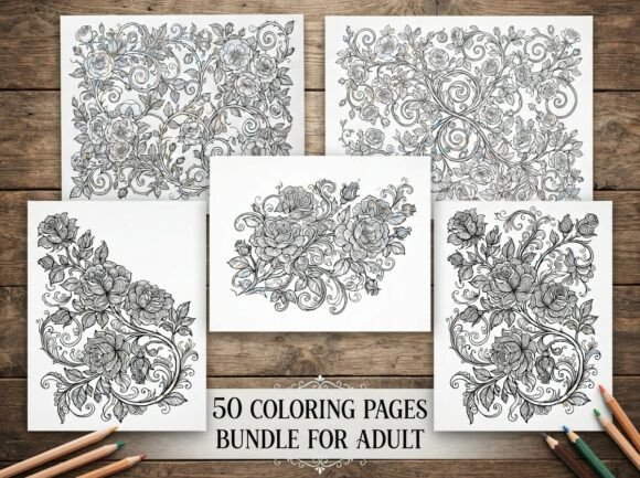 50 Floral Rose Coloring Pages Bundle