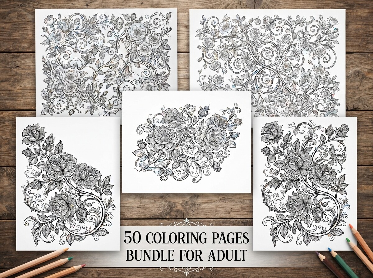 50 Floral Rose Coloring Pages Bundle