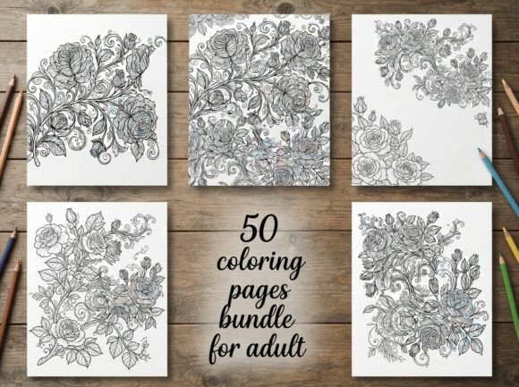 50 Floral Rose Coloring Pages Bundle