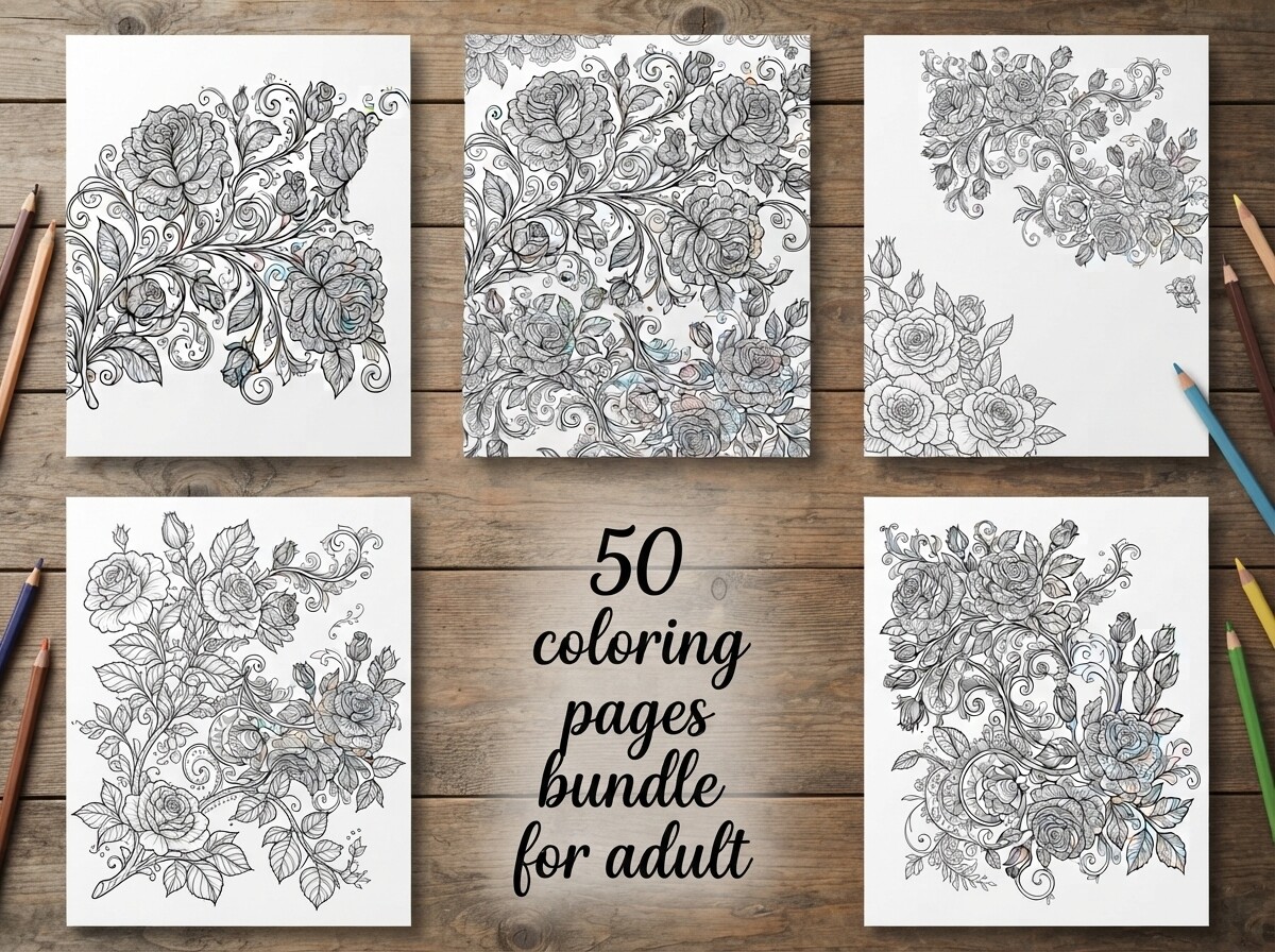 50 Floral Rose Coloring Pages Bundle