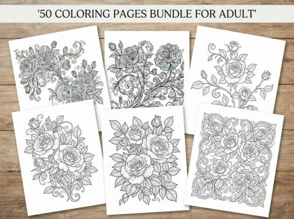 50 Floral Rose Coloring Pages Bundle