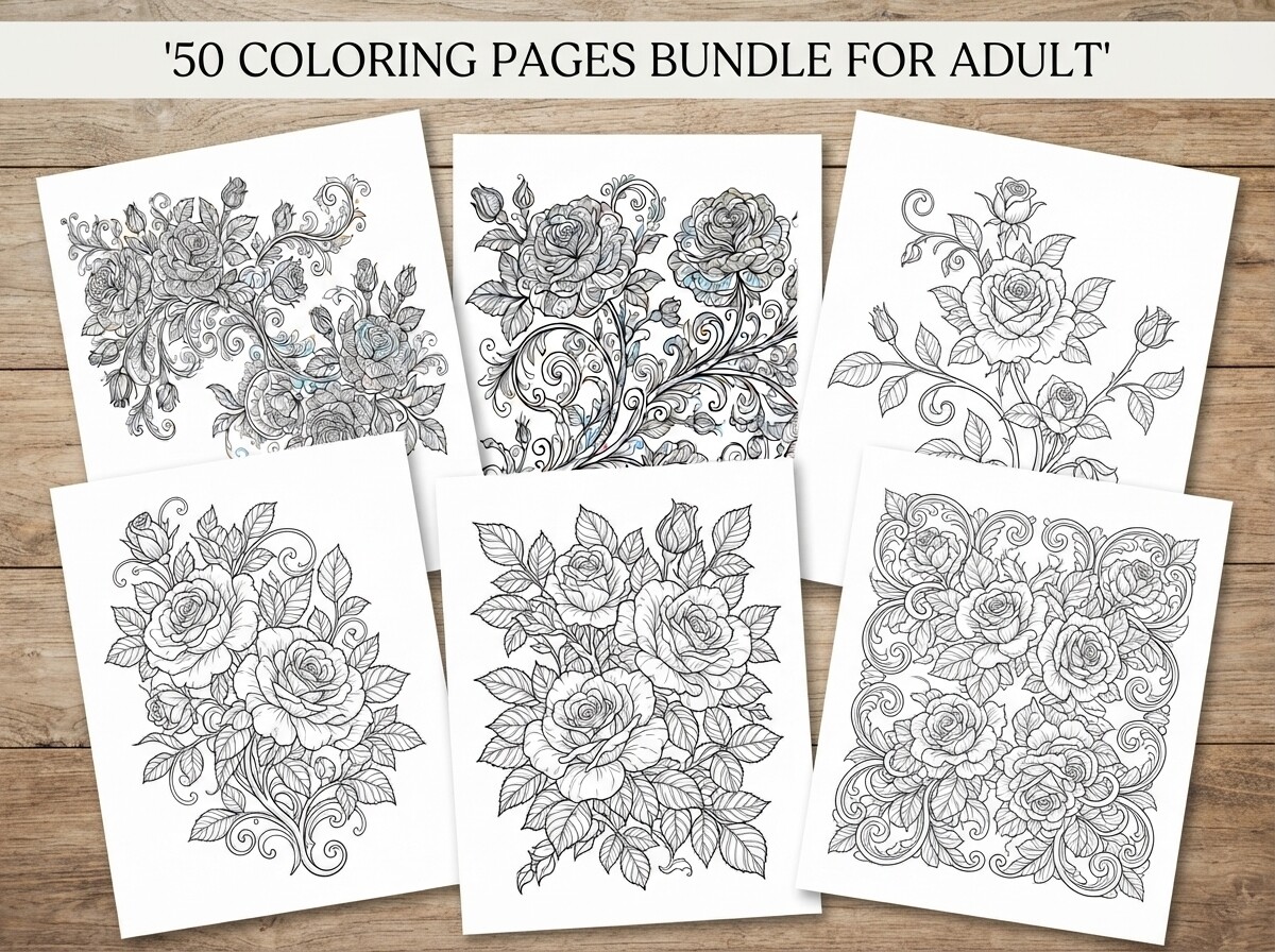 50 Floral Rose Coloring Pages Bundle