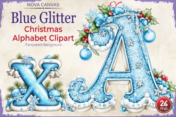 Blue Glitter Christmas Alphabet Clipart