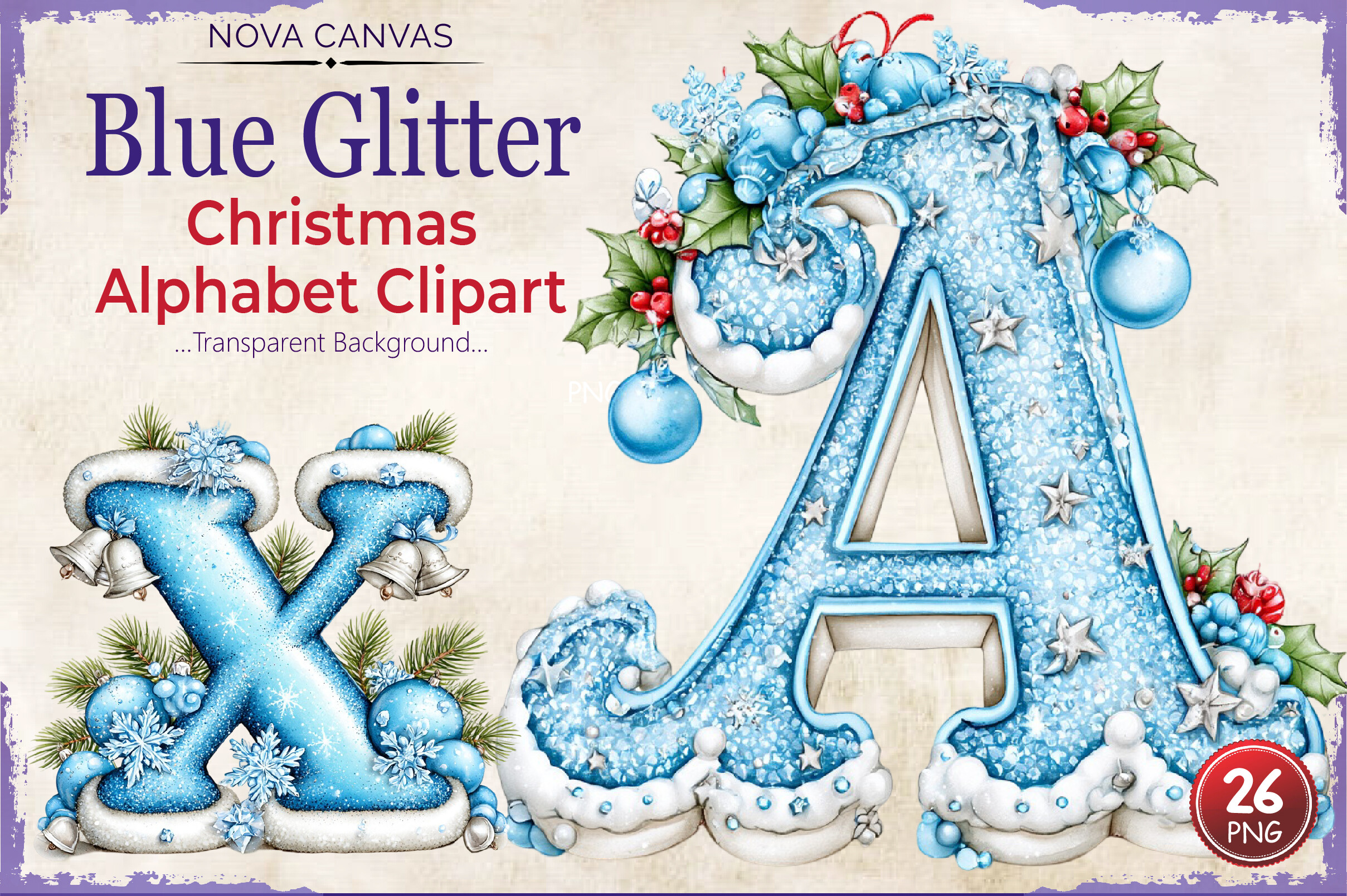 Blue Glitter Christmas Alphabet Clipart