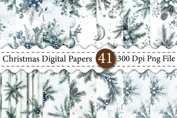 Blue Watercolor Christmas Digital Paper