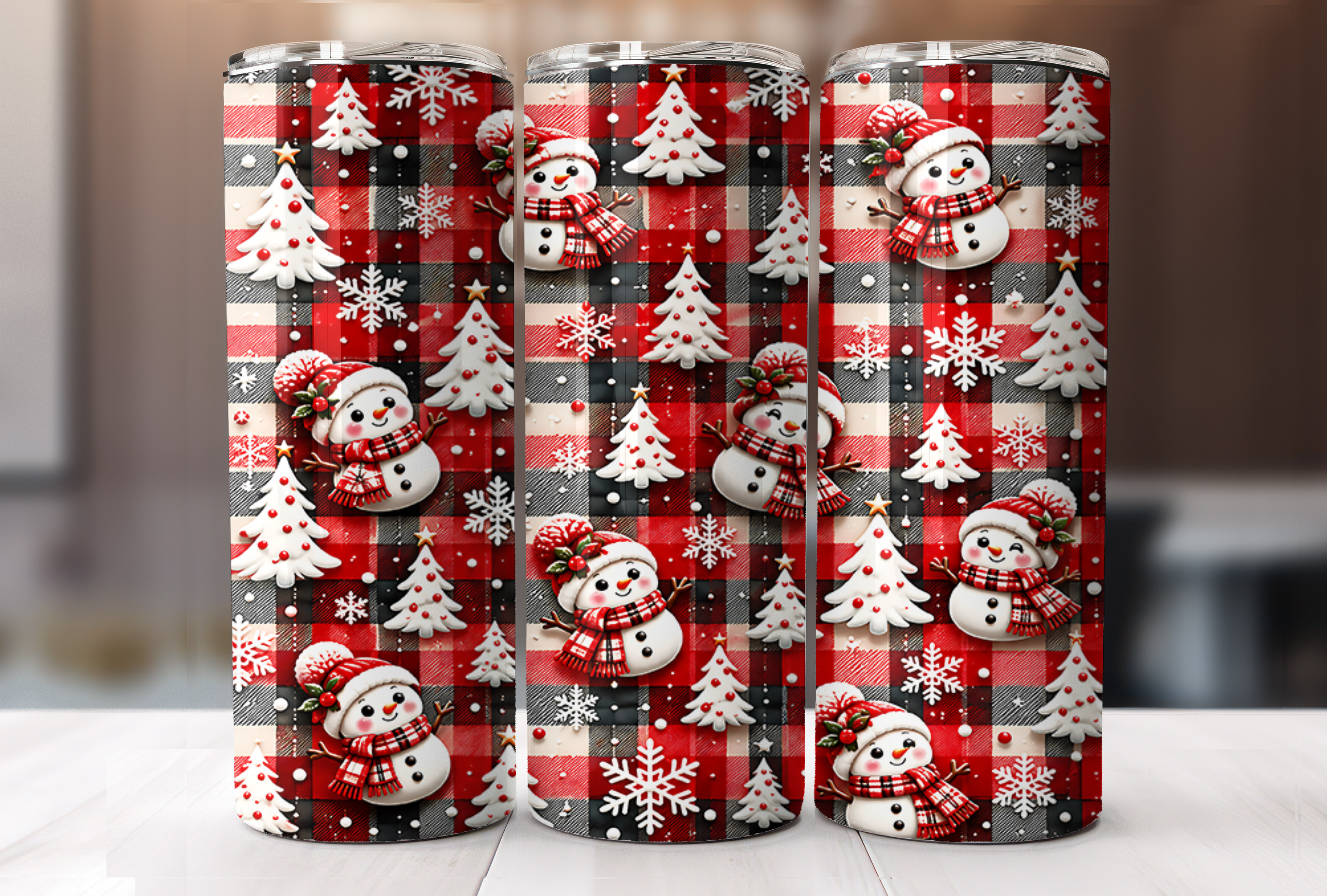 Buffalo Plaid Snowman Tumbler Wrap PNG