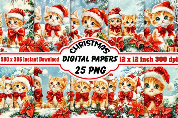 Christmas Cat Digital Papers Patterns Bu