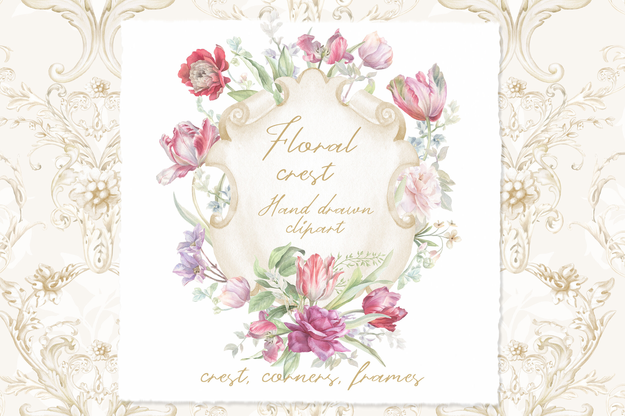 Floral Baroque Watercolor Crest & Orname
