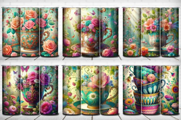 Flower Tea Cups Tumbler Wrap Pack 6-in-1