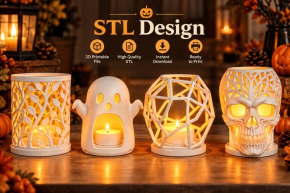 Halloween Candle Holder Set STL – 4 Spooky Lantern Designs for 3D Printing - Image 1