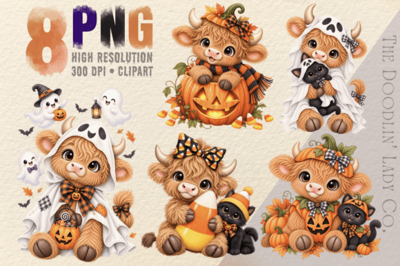 Halloween Highland Cow 10 Clipart Bundle