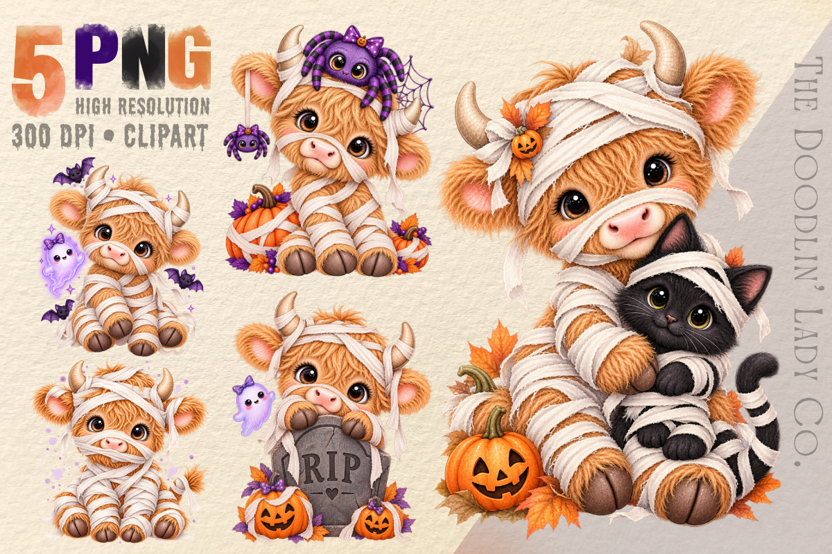 Halloween Mummy Highland Cow PNG Bundle