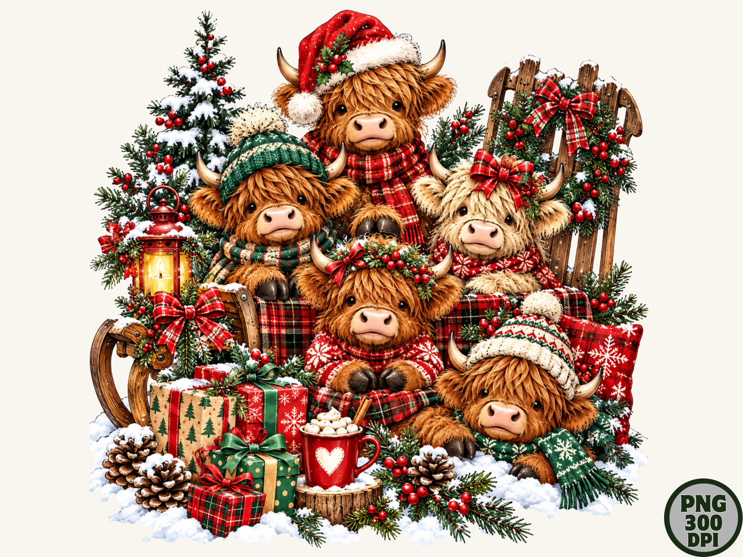 Highland Cow Family Christmas PNG