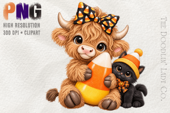 Highland Cow with Candy Corn & Black Cat