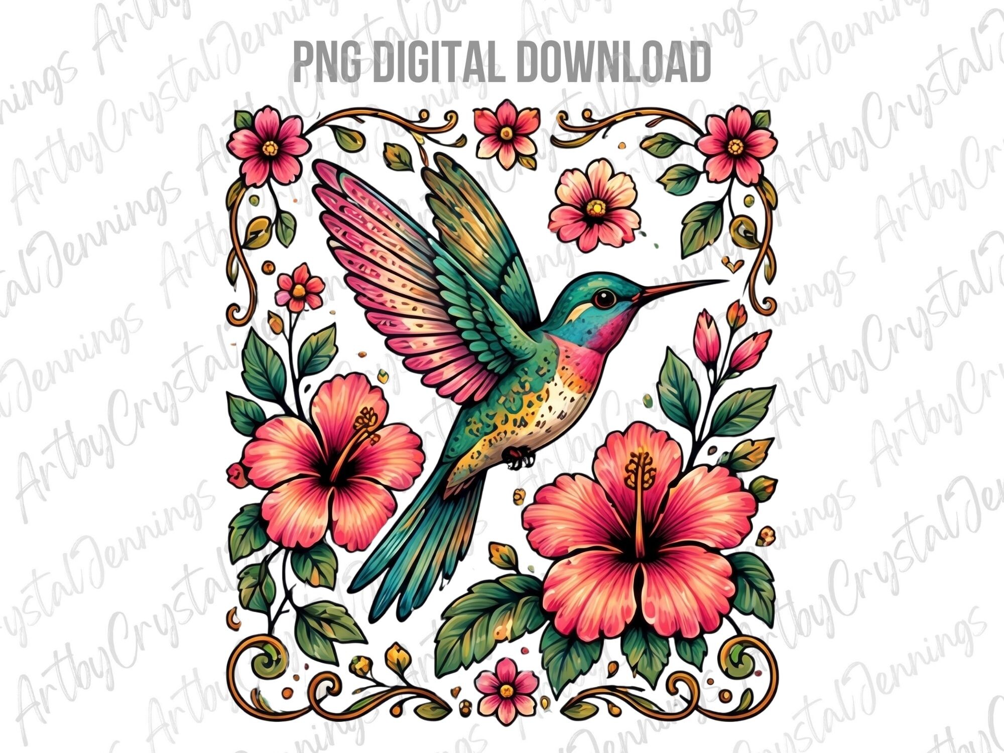 Hummingbird Floral Folk Art Bird PNG