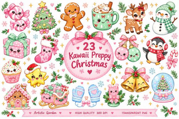 Kawaii Preppy Christmas Clipart Bundle