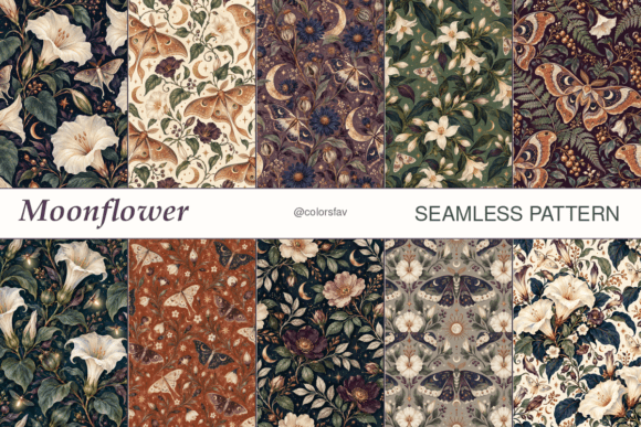 Moonflower Moths Seamless Patterns