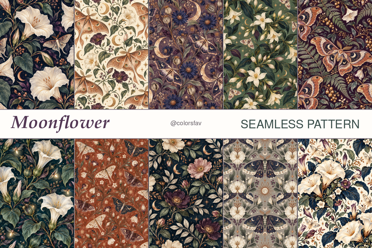 Moonflower Moths Seamless Patterns