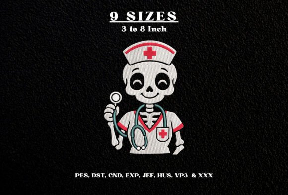 Nurse Skeleton Embroidery Design Cute