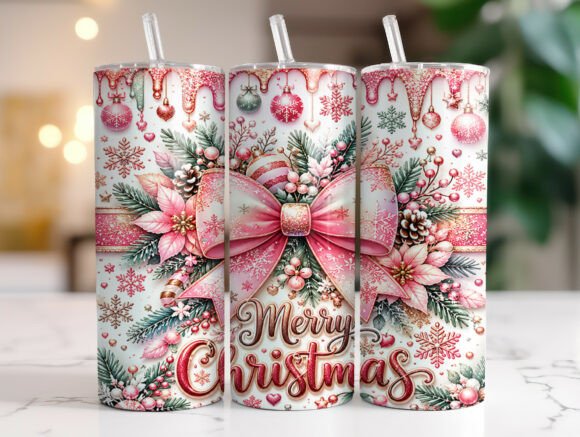 Pink Christmas Bow 20oz Tumbler Wrap PNG