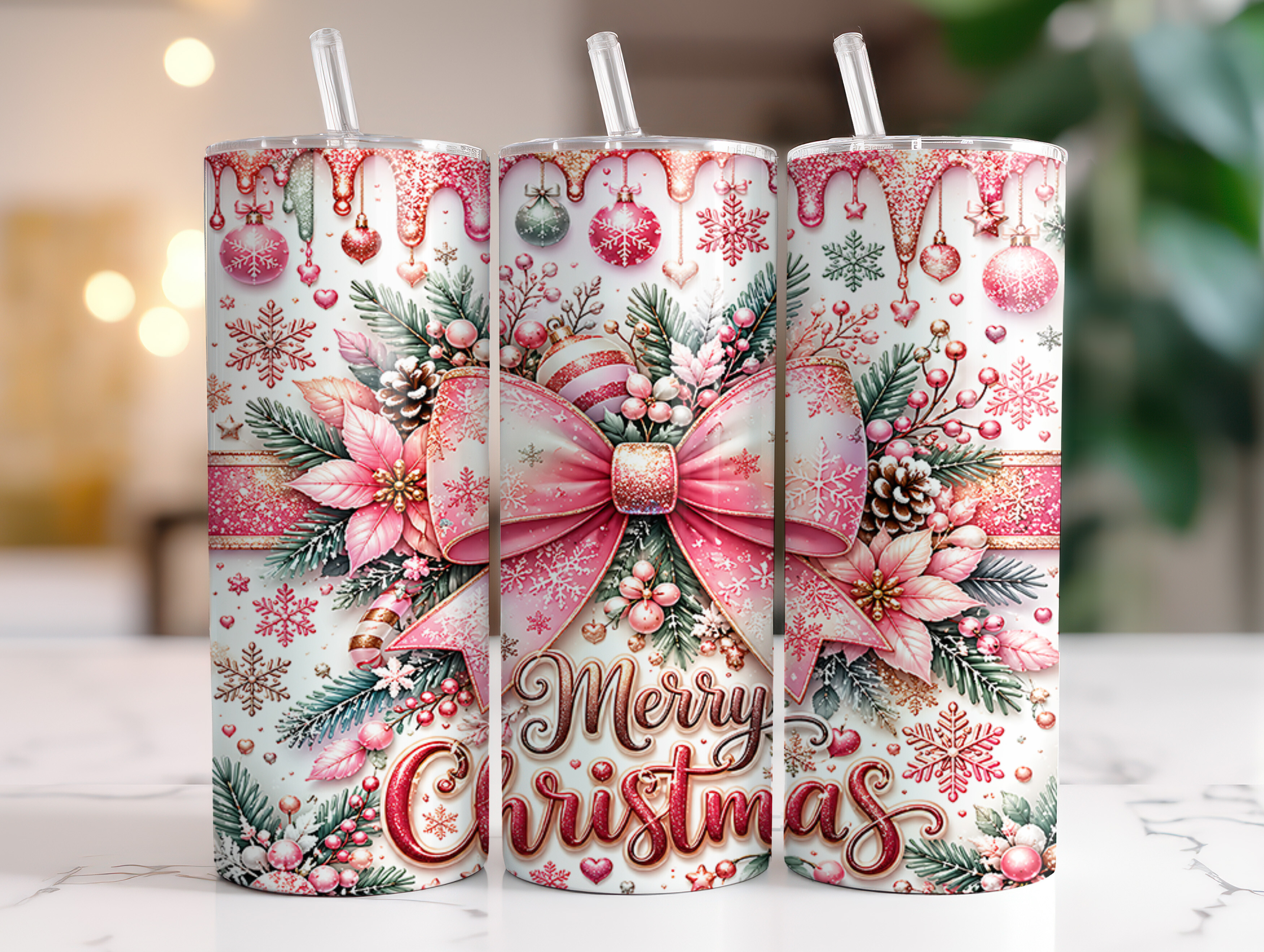 Pink Christmas Bow 20oz Tumbler Wrap PNG