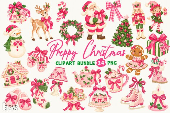 Preppy Pink Christmas PNG Clipart Bundle