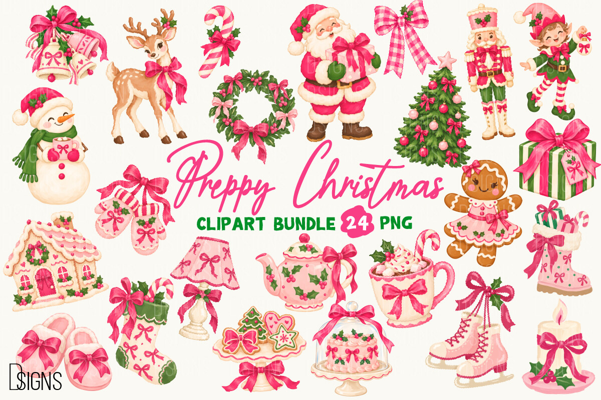 Preppy Pink Christmas PNG Clipart Bundle